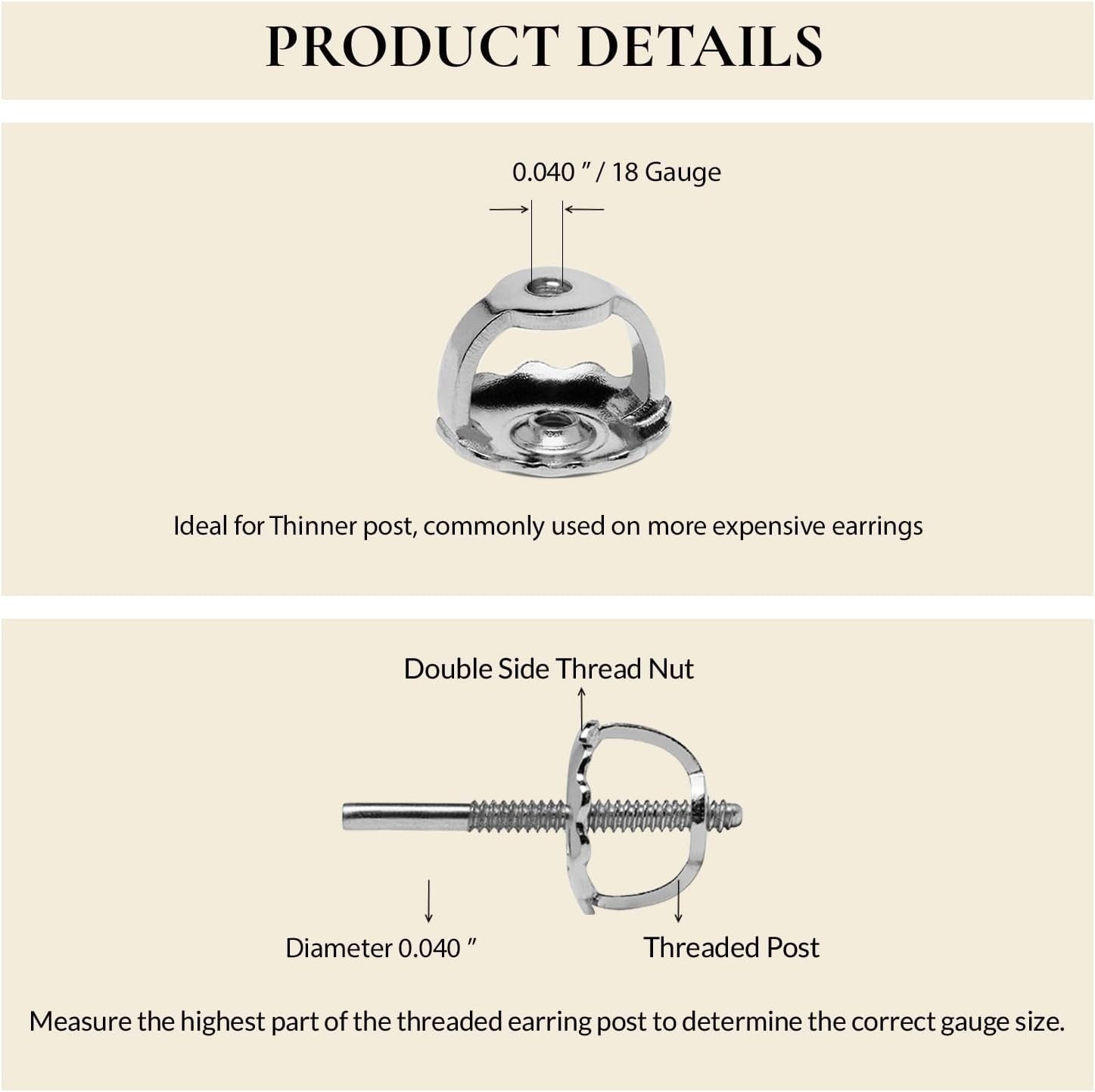 Large Post Size White Gold Earring Back | Screw Off Thread