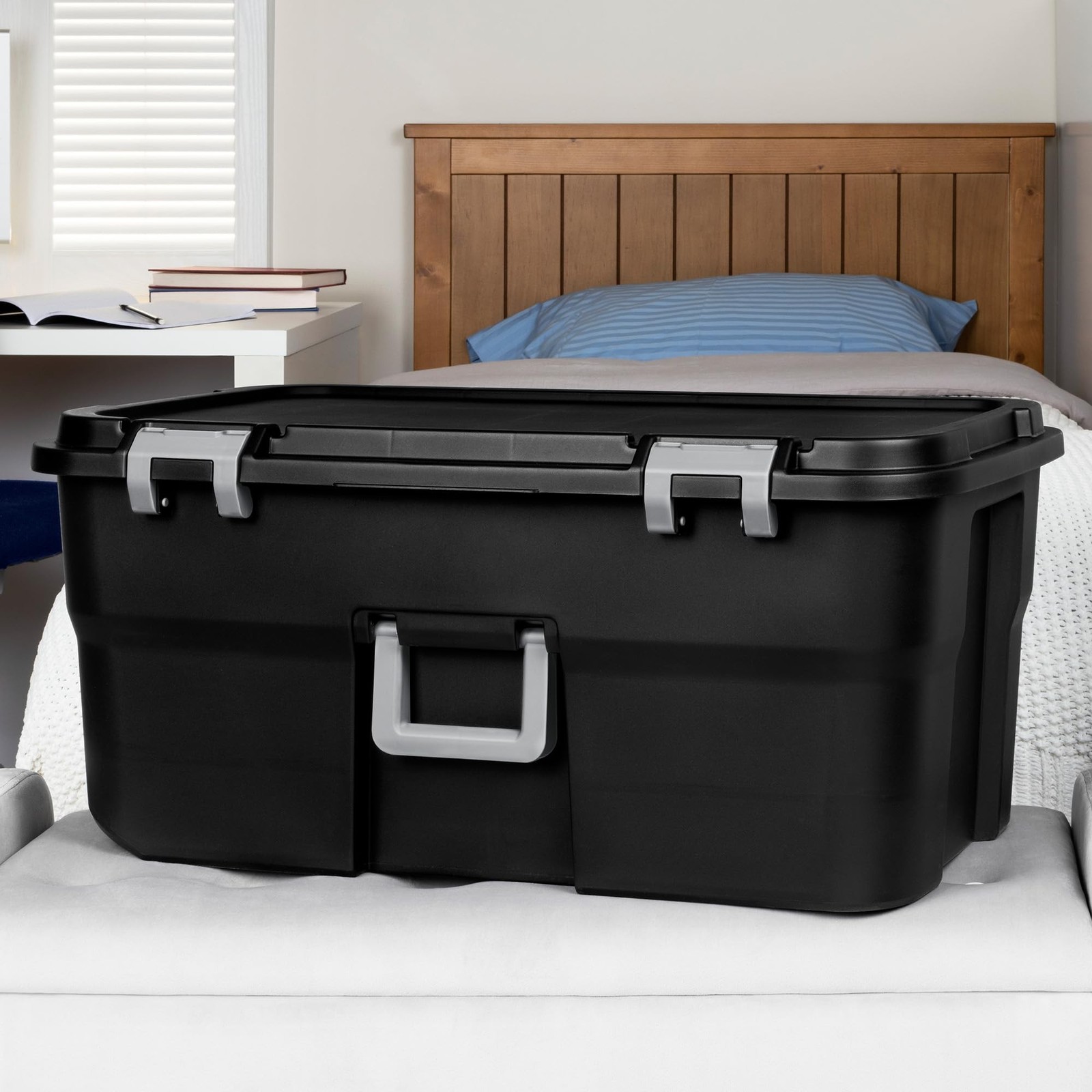 Sterilite 3 Pack Wheeled Footlocker, 22 Gallon Plastic Storage Container with…