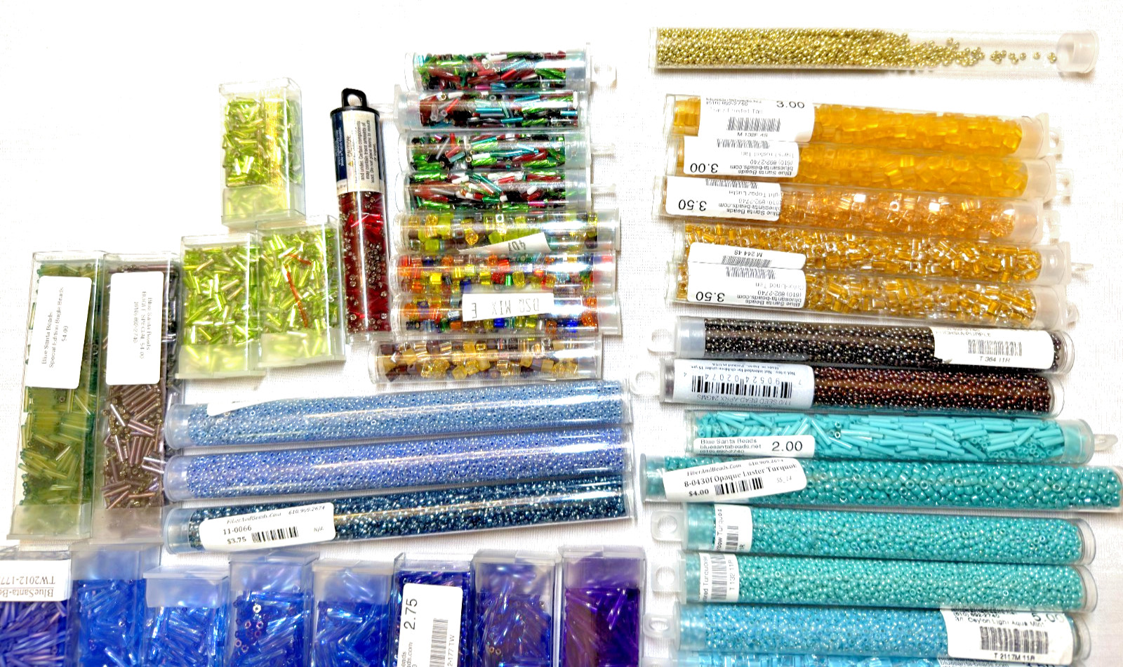 Assorted seed and bugle beads. Various colors, finishes, sizes.