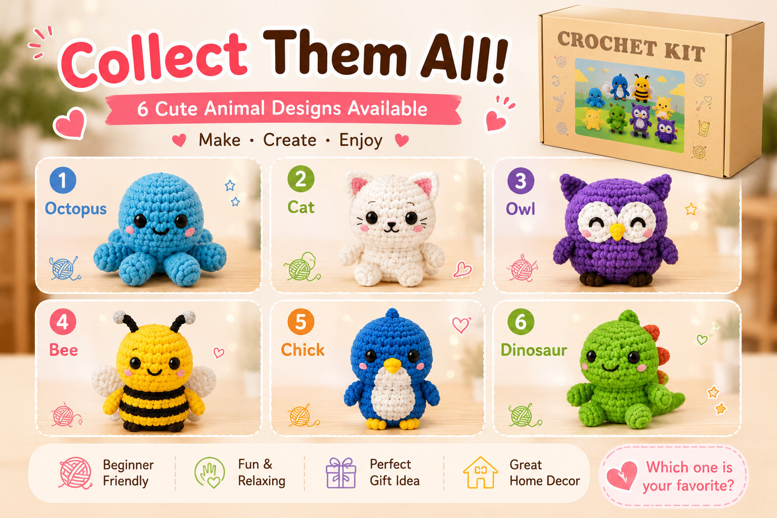 6PCS Crochet Kit for Beginners Animal Amigurumi DIY Craft Set w/ Videos