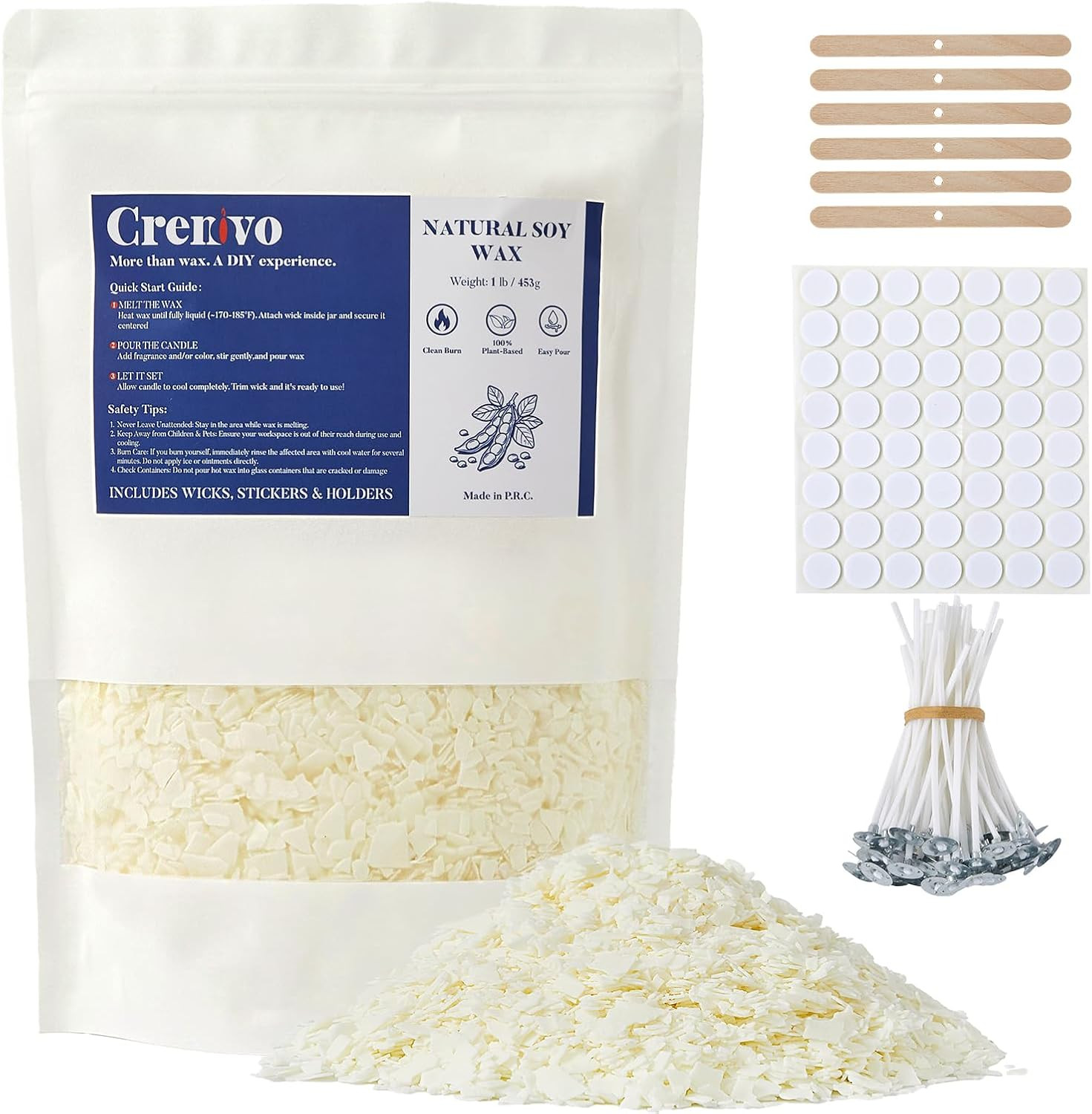 Organic Soy Wax for Candle Making, Paraffin-Free, 1LB with 50 Wicks | Clean-Burn