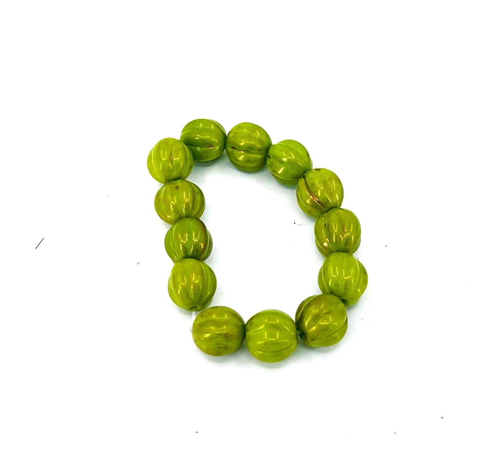 12 Czech Glass Melon Round Beads 8mm – Gold Marbled – Opaque Olive Green