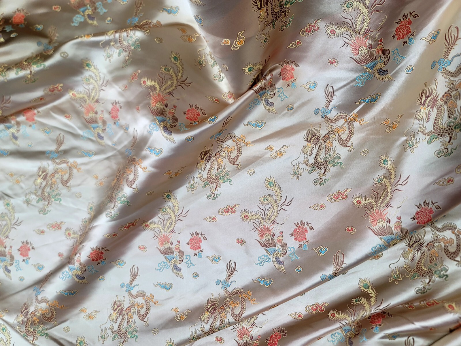 Beige Chinese Dragon Brocade Jacquard Fabric 60″ Wide BTY Multicolor