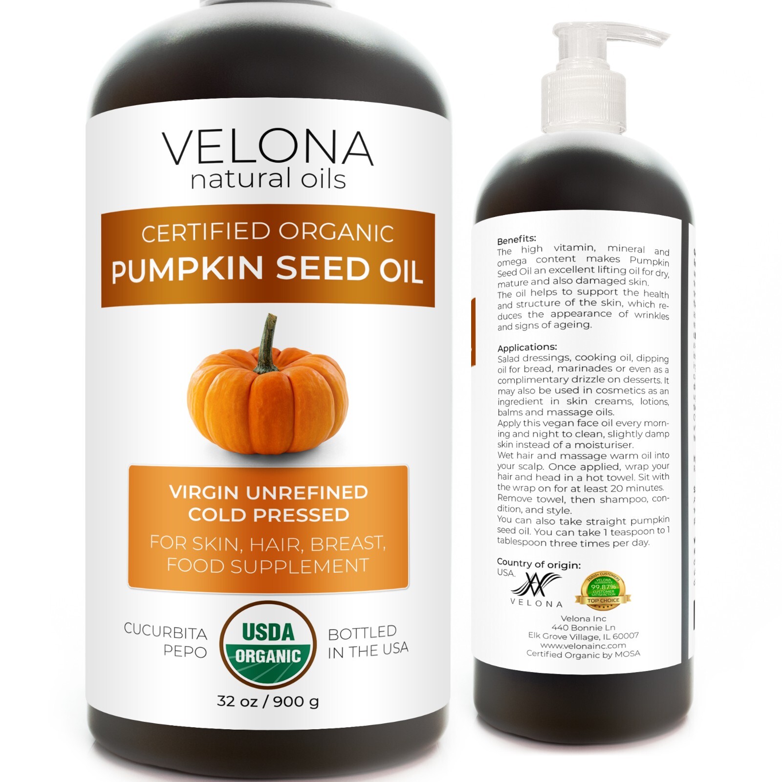 Velona Pumpkin Seed Oil USDA Certified Organic – 32 oz Unrefined Cold Pressed