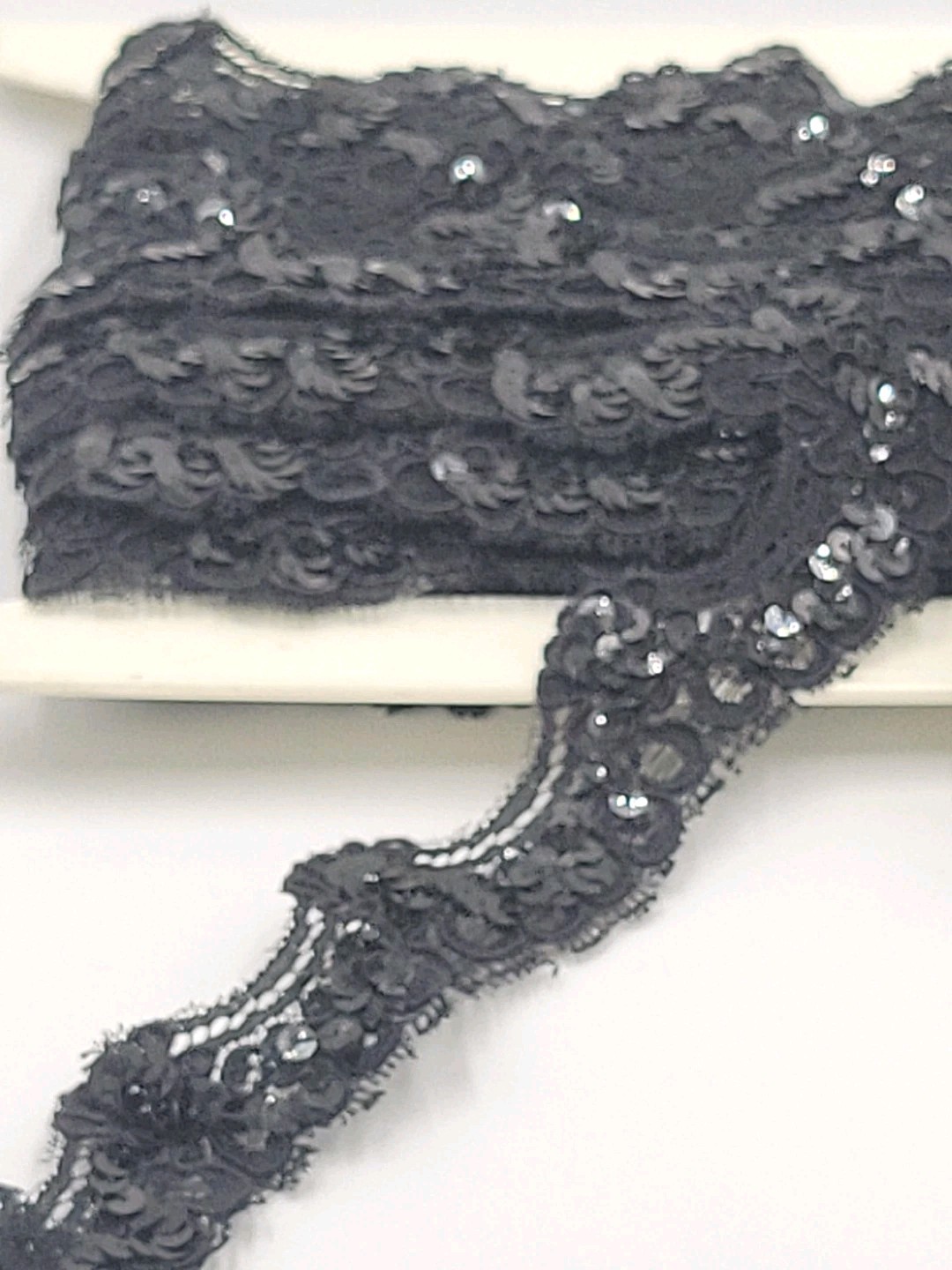 Vintage 1 1/2″ Scroll Black Sequin Lace Trim Corded 6 Continuous Yards