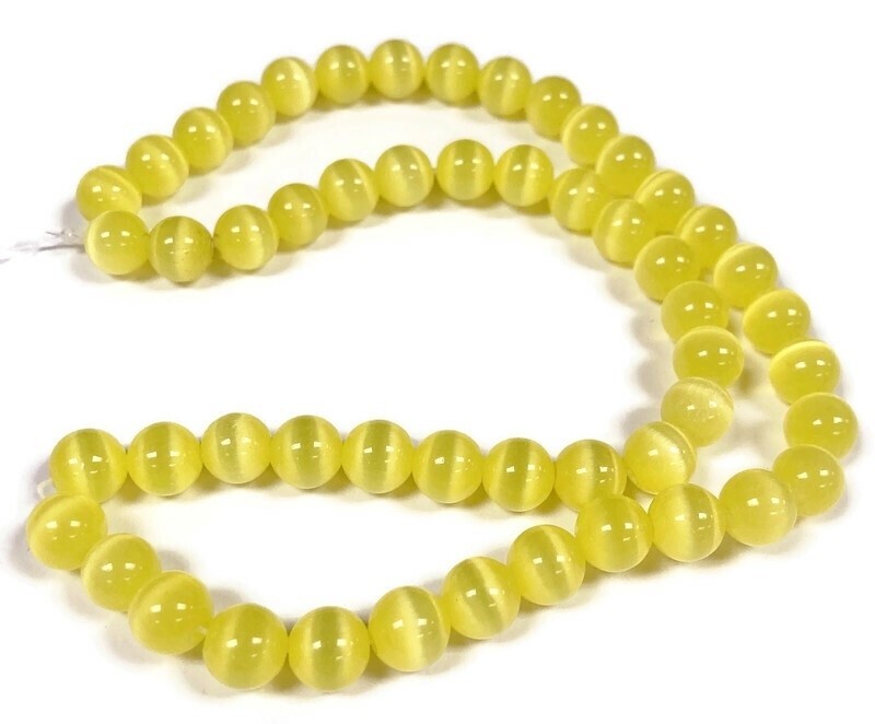 50 Cat’s Eye Fiber Optic Glass Muted Yellow 8mm. Smooth Round Beads 2568