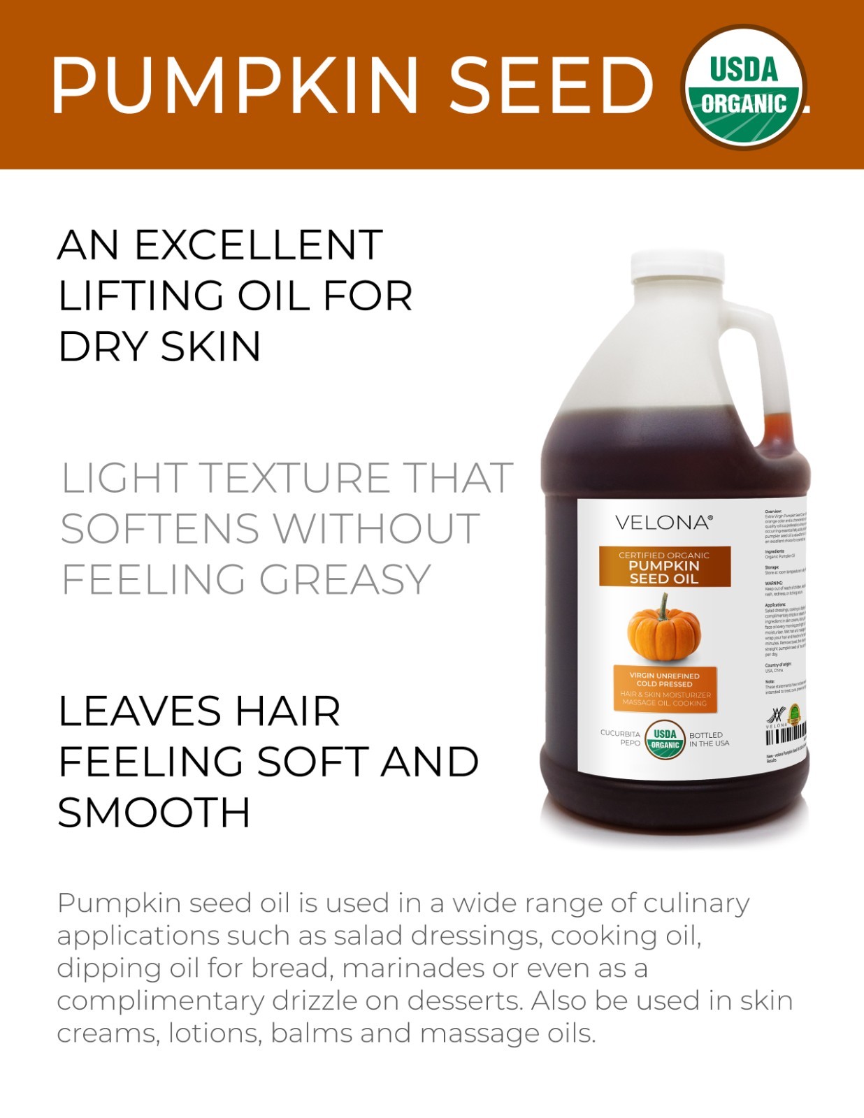 Velona Pumpkin Seed Oil USDA Certified Organic 64 Fl Oz Unrefined Cold Pressed