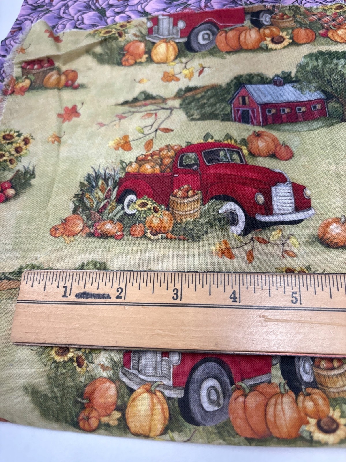Farm-Themed 16×18″ Cotton Autumn Fabric Red Pickup Trucks Pumpkins Sunflowers