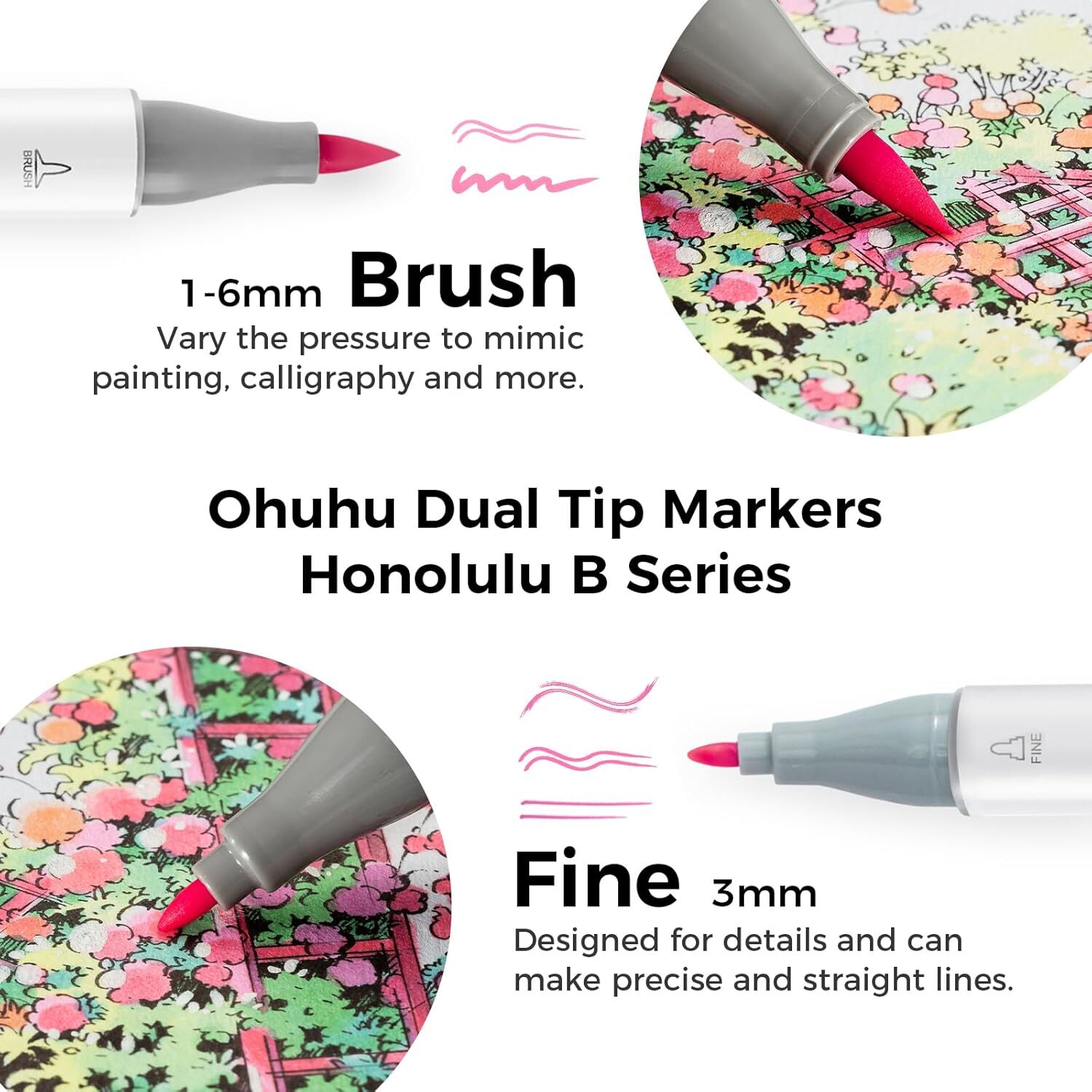 Ohuhu 48 Colors Alcohol Pastel Markers Brush & Fine+1 Marker Blender- Sweetness