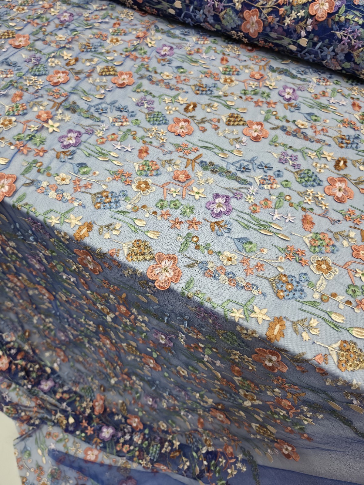 Royal Blue Lace Fabric Sold By The Yard Multicolor Embroidery 3d Floral