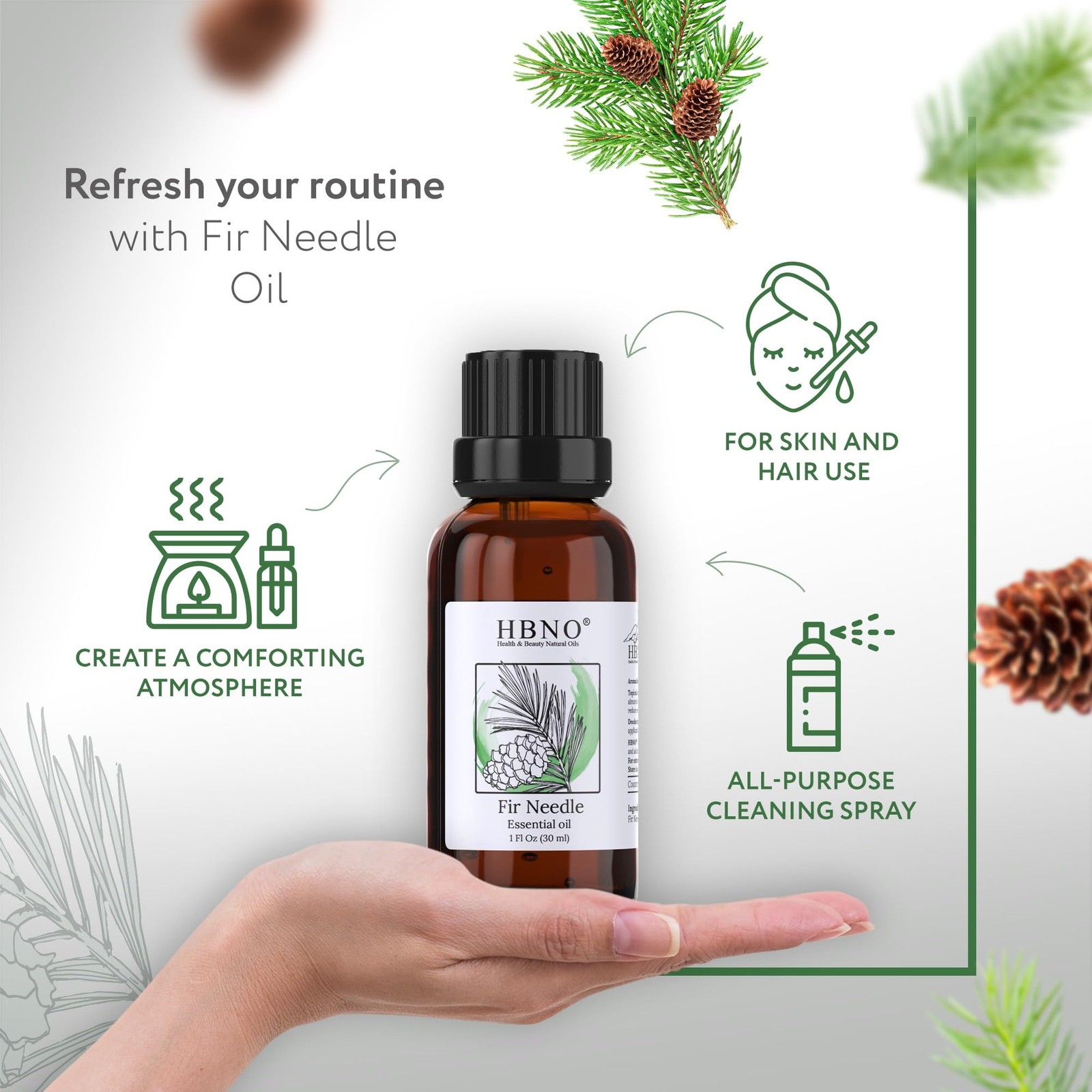 HBNO Fir Needle Essential Oil – 1 1 Fl Oz (Pack of 1), Clear to Pale Yellow