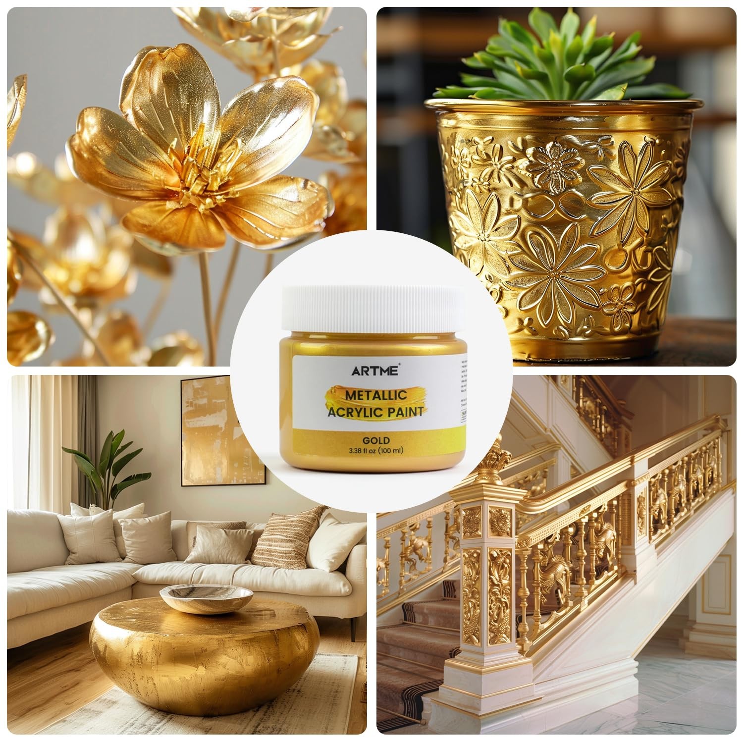ARTME Acrylic Paint Metallic Gold, 100ml Gold 3.38 Fl Oz (Pack of 1),