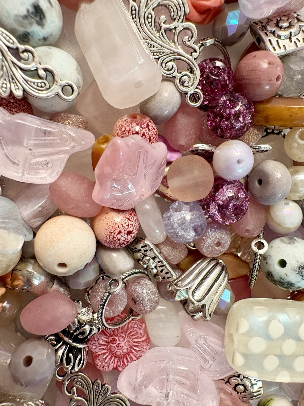 Pink Flowers BEAD MIX for Jewelry Making – Glass, Gemstone, Boho, Czech
