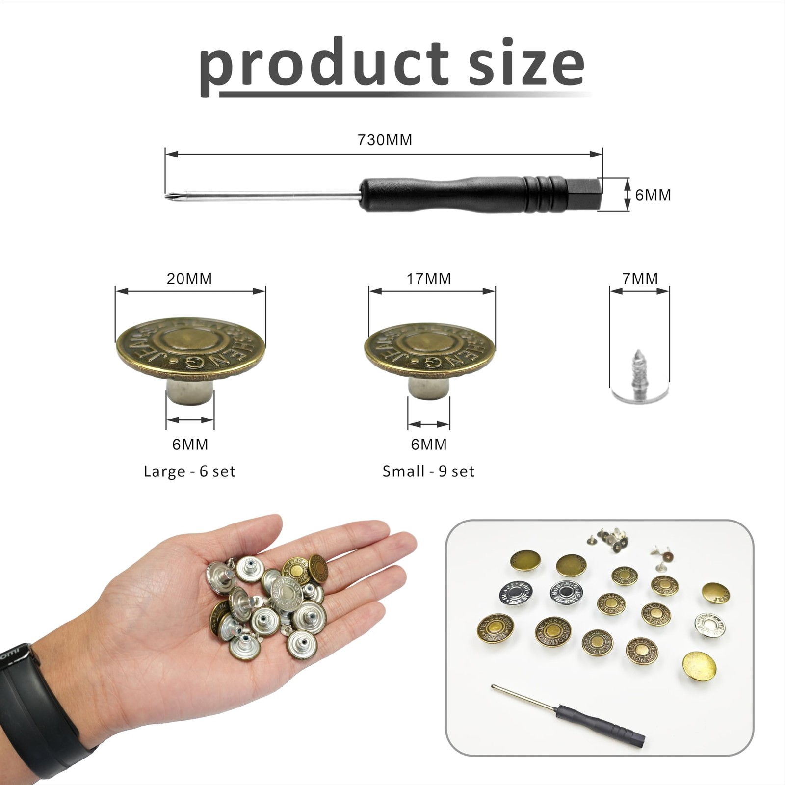 Jean Buttons Replacement No Sew Metal Snap Repair Kit 15Pcs Heavy Duty DIY Fix