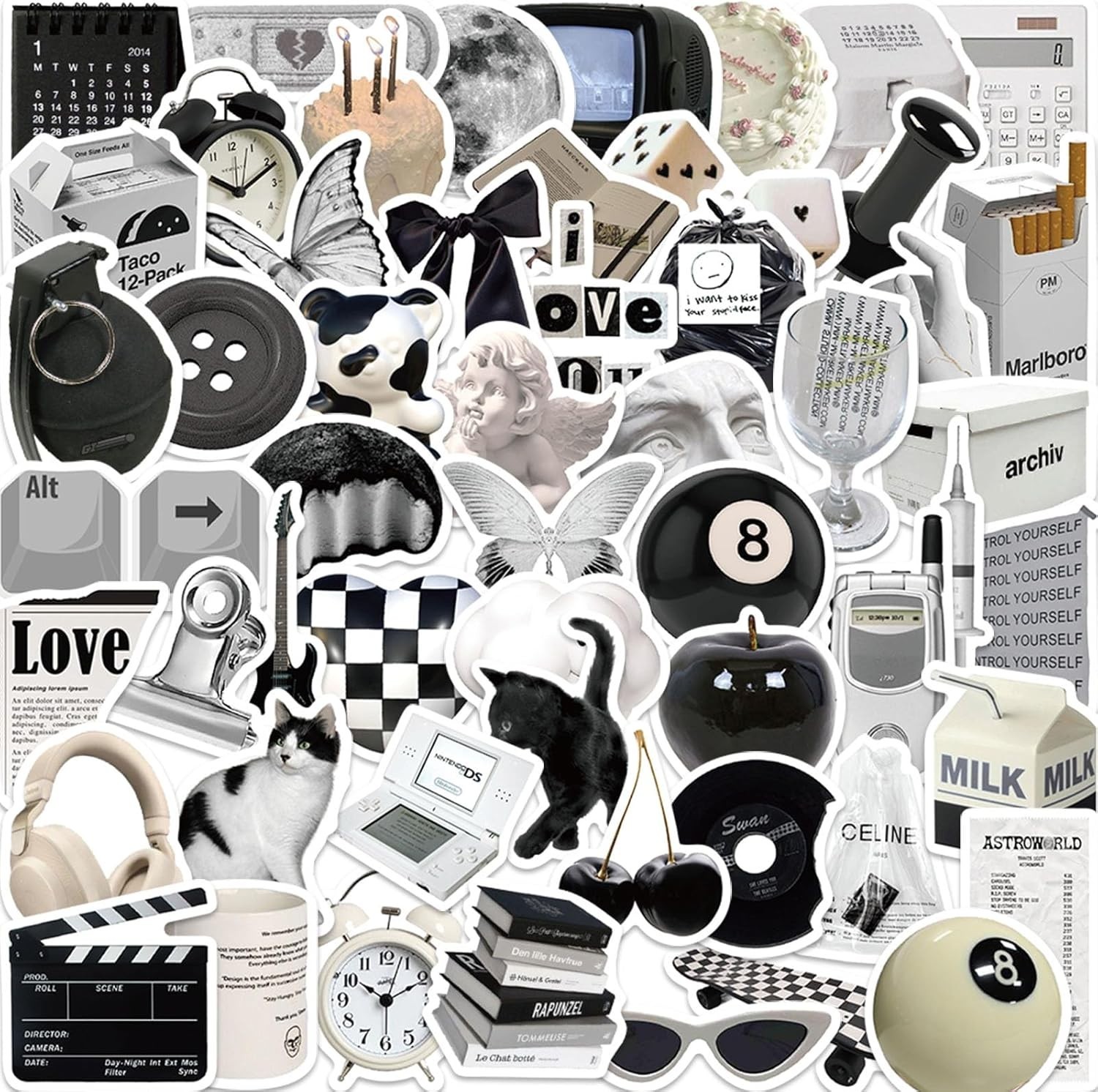 Versatile 61-Pcs Y2K Vinyl Sticker Set – Black & White Aesthetic for All Ages