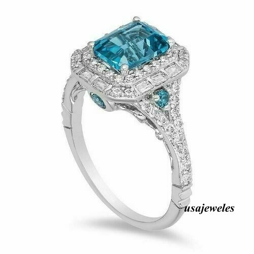Halo Wedding Jewelry Ring 2.60CT Emerald Cut Real Aquamarine 14K White Gold Over