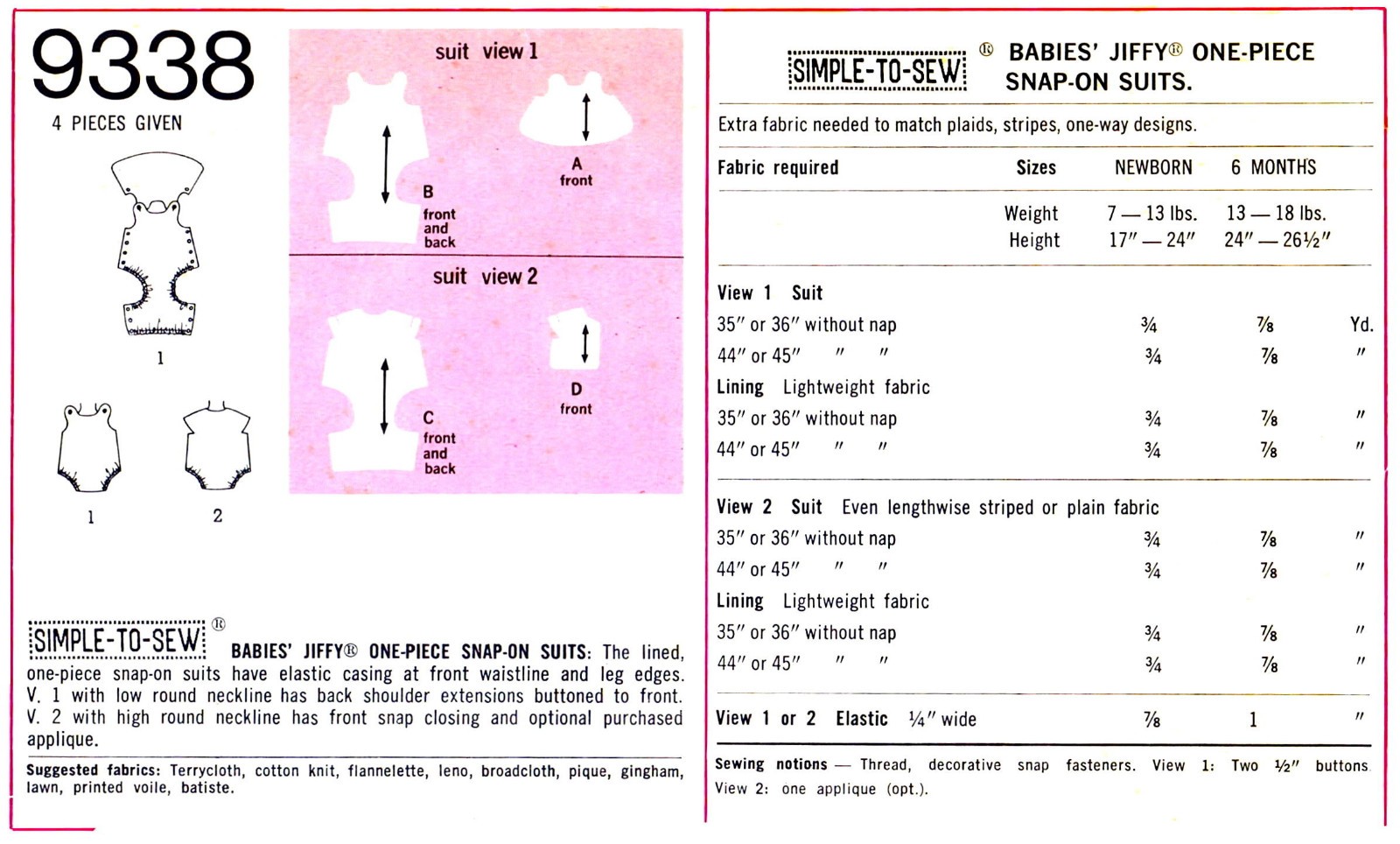 Simplicity 9338 Pattern BABY Unisex One-Piece Snap-On Suits