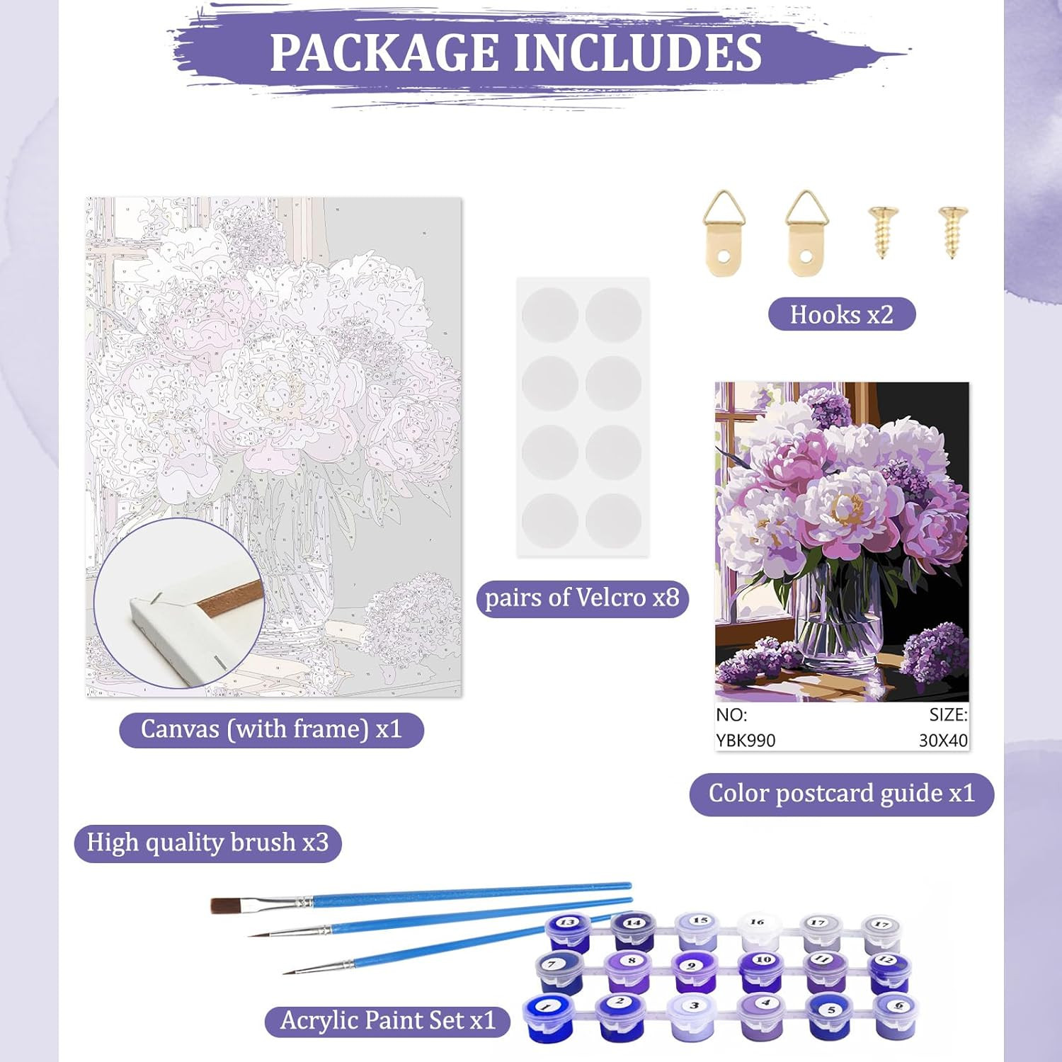 Flowers Paint by Numbers Kits for Adults Beginners with Wooden Frame, Easy Canva