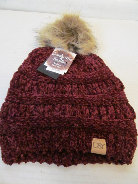 David & Young Cruelty-Free Vegan Faux Fur Knit Hats, Burgundy, Green or Black