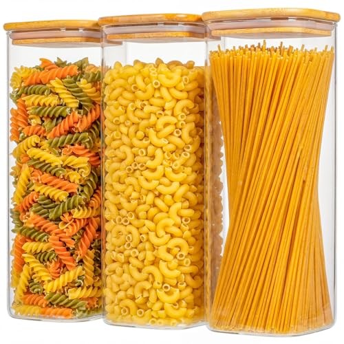 3-Pack 2.2Qt Square Glass Spaghetti Jars with Bamboo Lids | Minimalist 2.2Qt*2