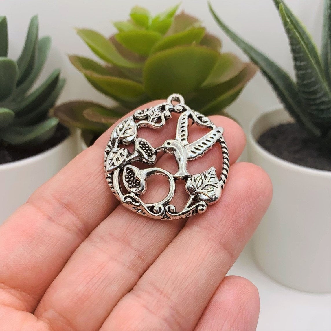 Silver Hummingbird Pendant Charms, 34x30mm – US Seller
