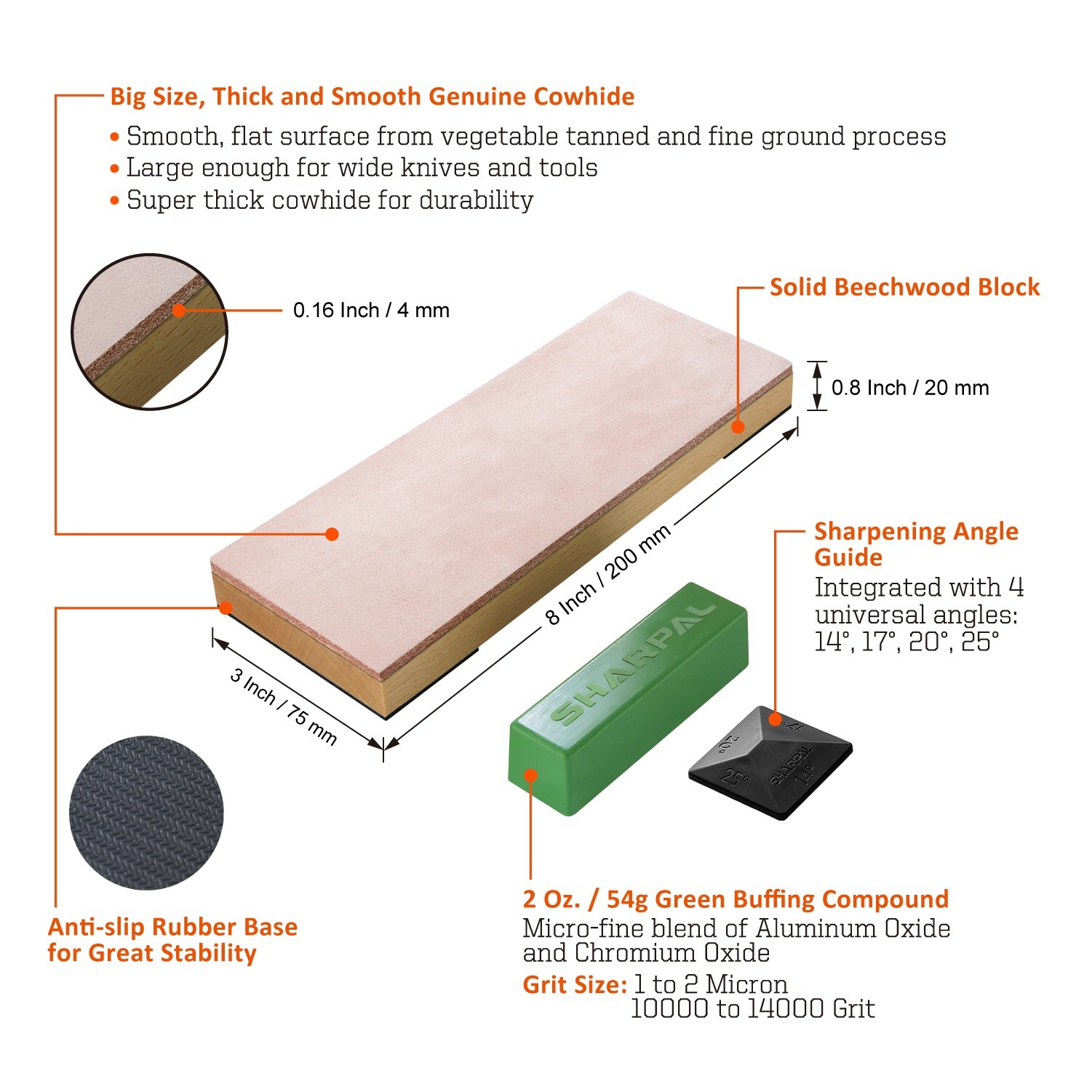 SHARPAL 8″x3″ Honing Leather Strop with 2 Oz. Polishing Compound & Angle Guide