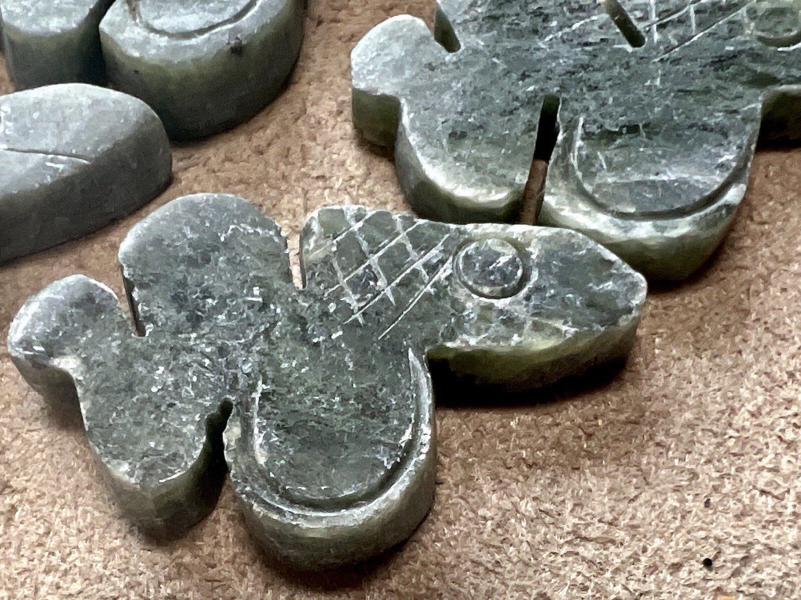 10 Carved Green Stone Snake Pendants No Hole New Old Stock Lot Jewelry Making