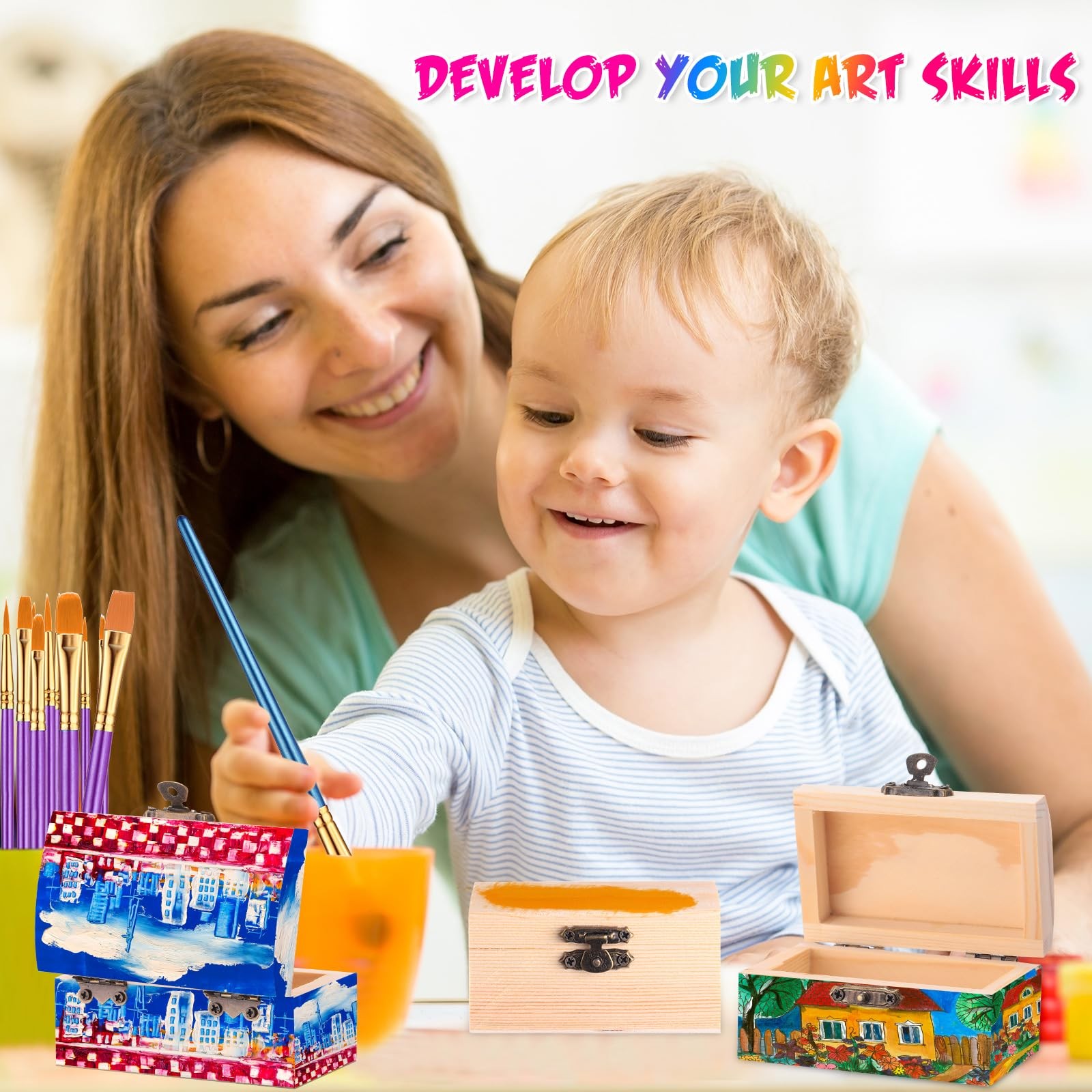 Chumia 72 Pcs Unfinished Wooden Craft Boxes Paintbrushes Small Wooden Boxes