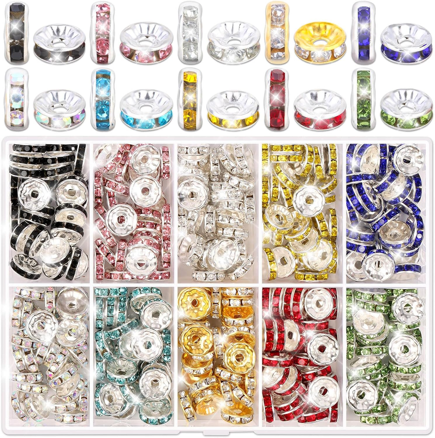 300 Pieces Rondelle Spacer Beads for Jewelry Making, 10mm Rhinestone Spacer Bead