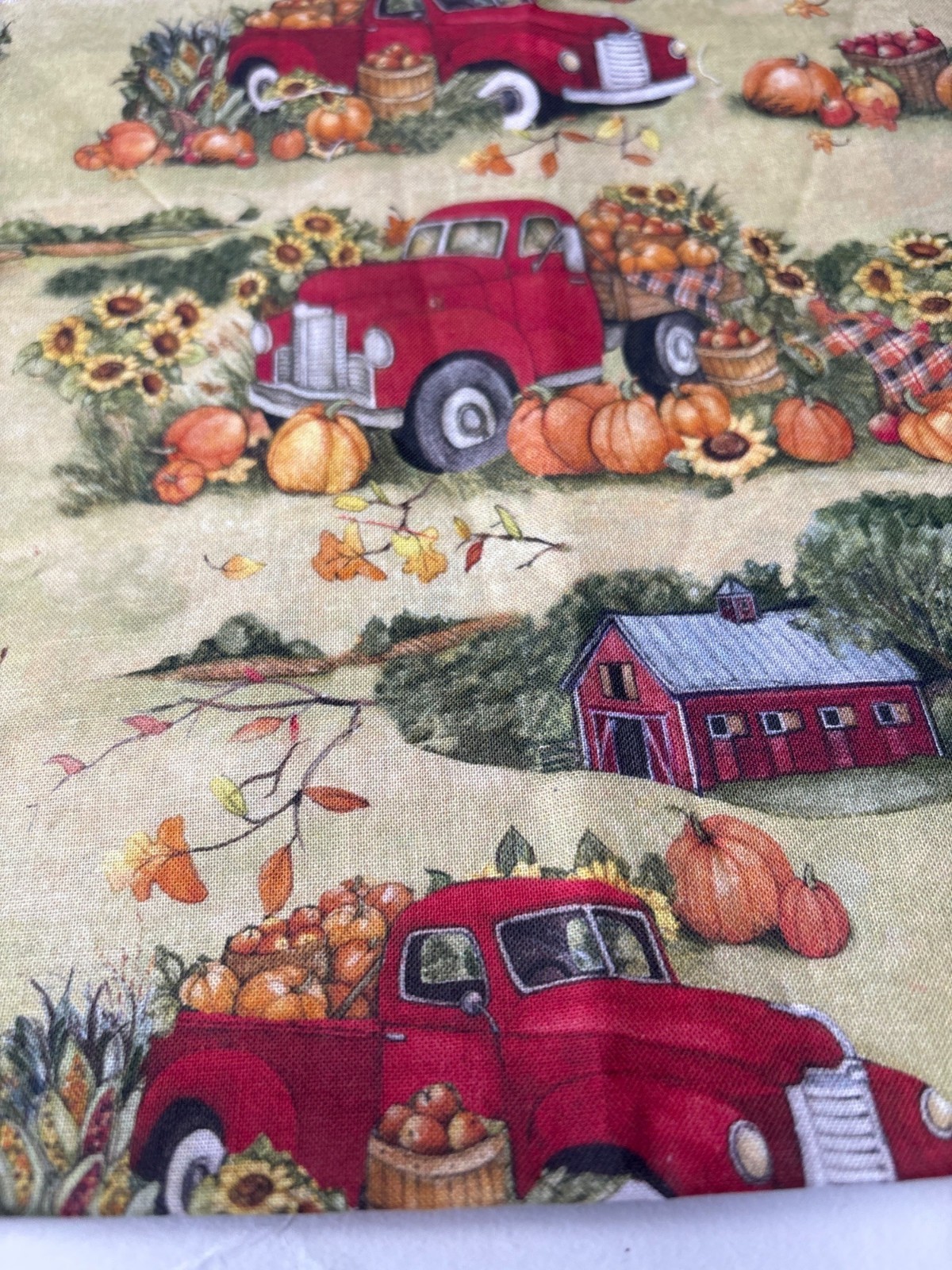 Farm-Themed 16×18″ Cotton Autumn Fabric Red Pickup Trucks Pumpkins Sunflowers