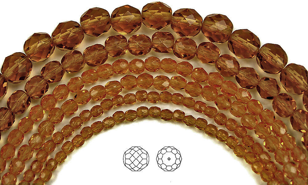 Czech Fire Polished Round Faceted Glass Beads in Medium Topaz, 16” strand, brown