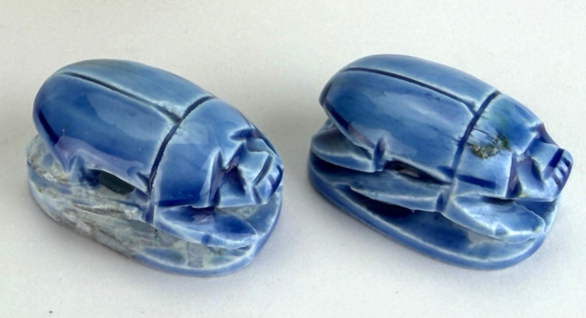 (Lot of 2) Vintage Egyptian Carved Scarab Amulet Beads 2 in Glazed Ceramic Blue