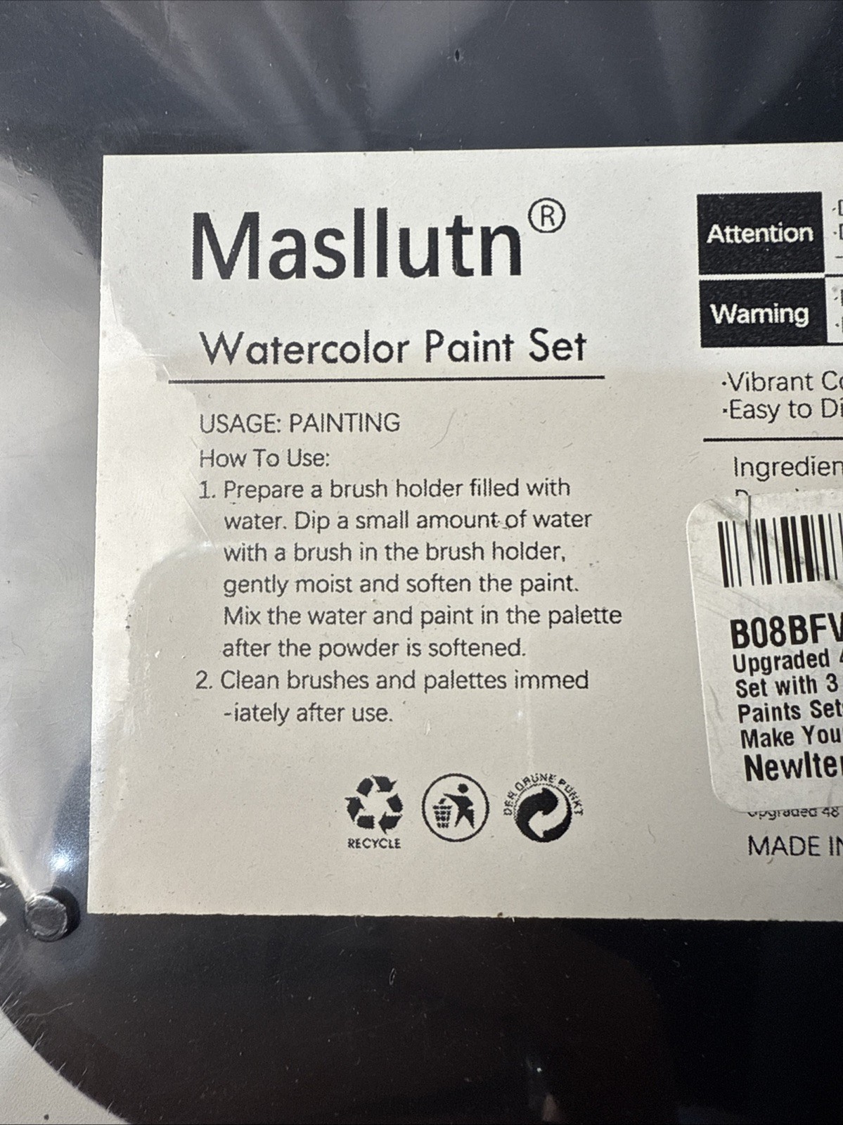 Masllutn 48-Color Watercolor Paint Set with 3 Brushes – Washable & Non-Toxic