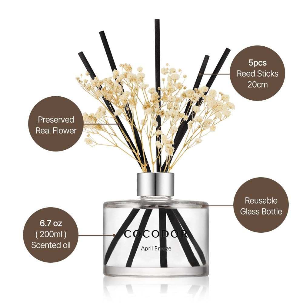 COCODOR Flower Reed Diffuser Set / Real Flower/6.7Ounce/1Pack, Clean Linen