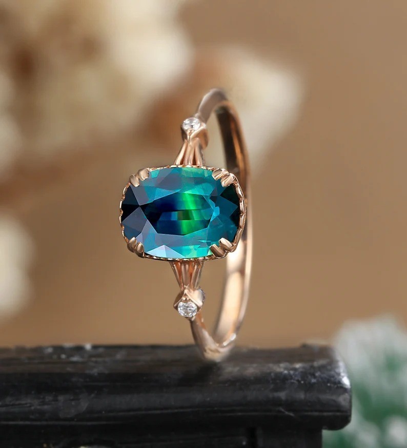 Blue green sapphire engagement ring, Oval peacock sapphire halo diamond ring