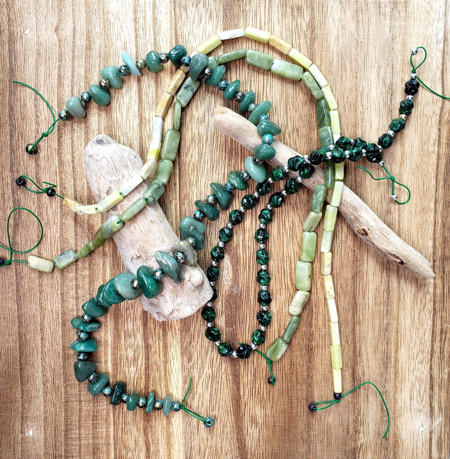 natural stone & glass beads, green hues, 15″ strands x4, jewelry, craft, hobby