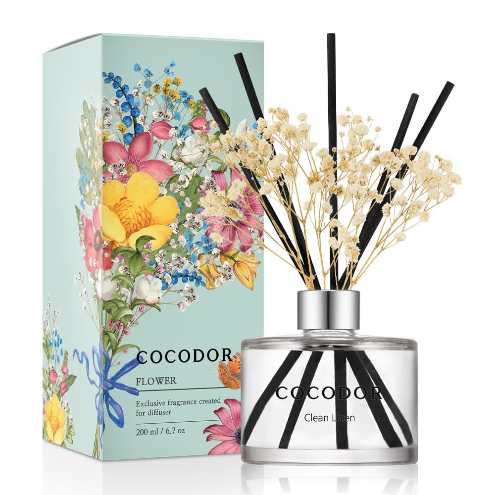 COCODOR Flower Reed Diffuser Set / Real Flower/6.7Ounce/1Pack, Clean Linen