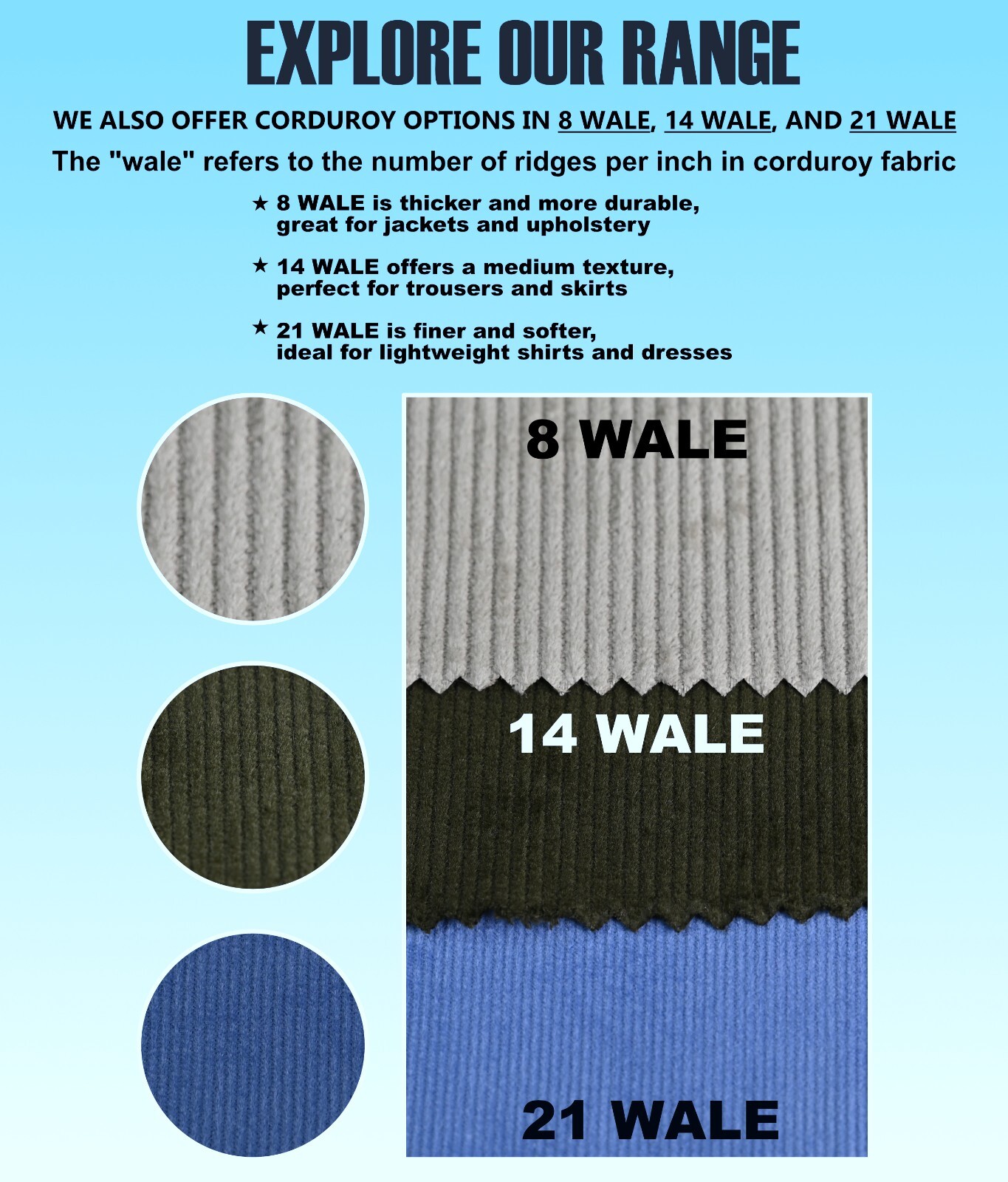 8Corduroy Fabric 8 Wale Apparel 290-300GSM Solid Color by Continuous Yard 58″ W