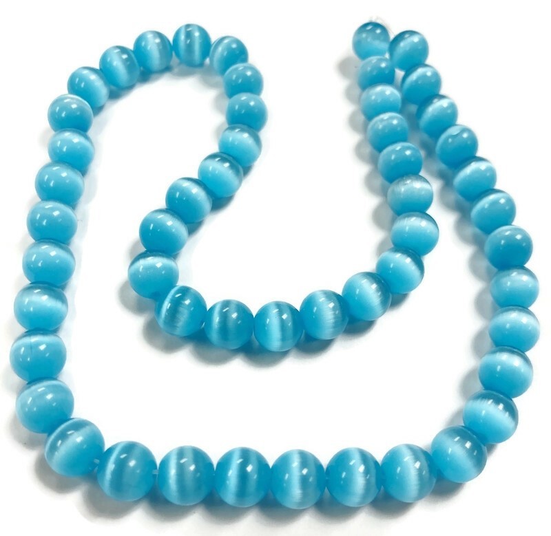 50 Cat’s Eye Fiber Optic Glass Aquamarine 8mm. Smooth Round Beads 2577