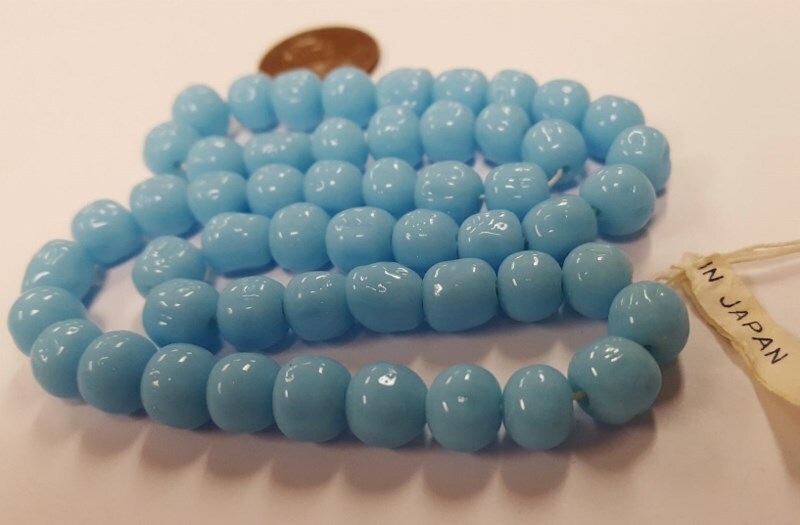 50 VINTAGE JAPAN CHERRY BRAND GLASS LIGHT BLUE TURQUOISE 8mm BAROQUE BEADS 4639T