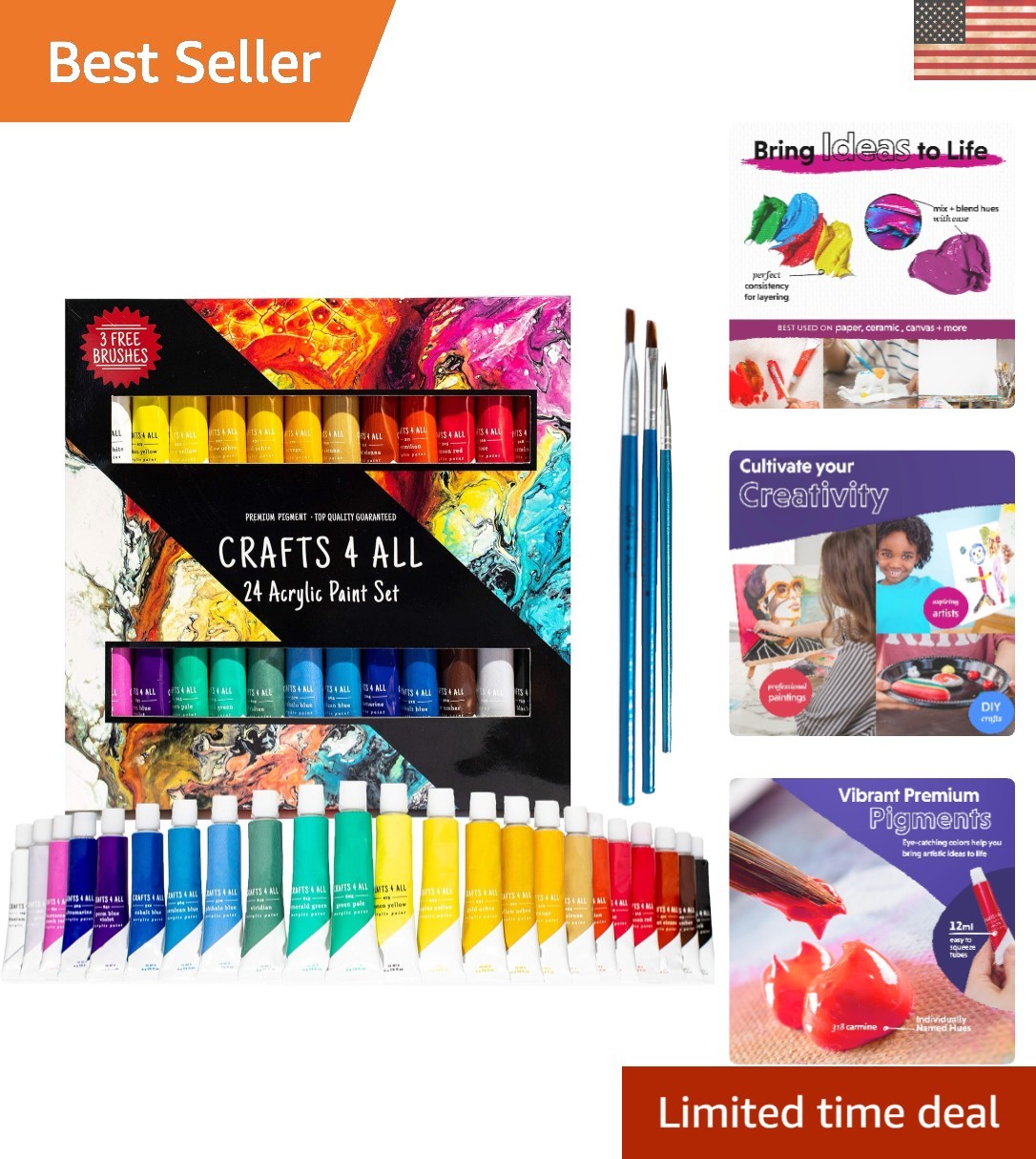 Complete Non-Toxic Acrylic Paint Set for Adults & Kids – 24 Colors + Brushes