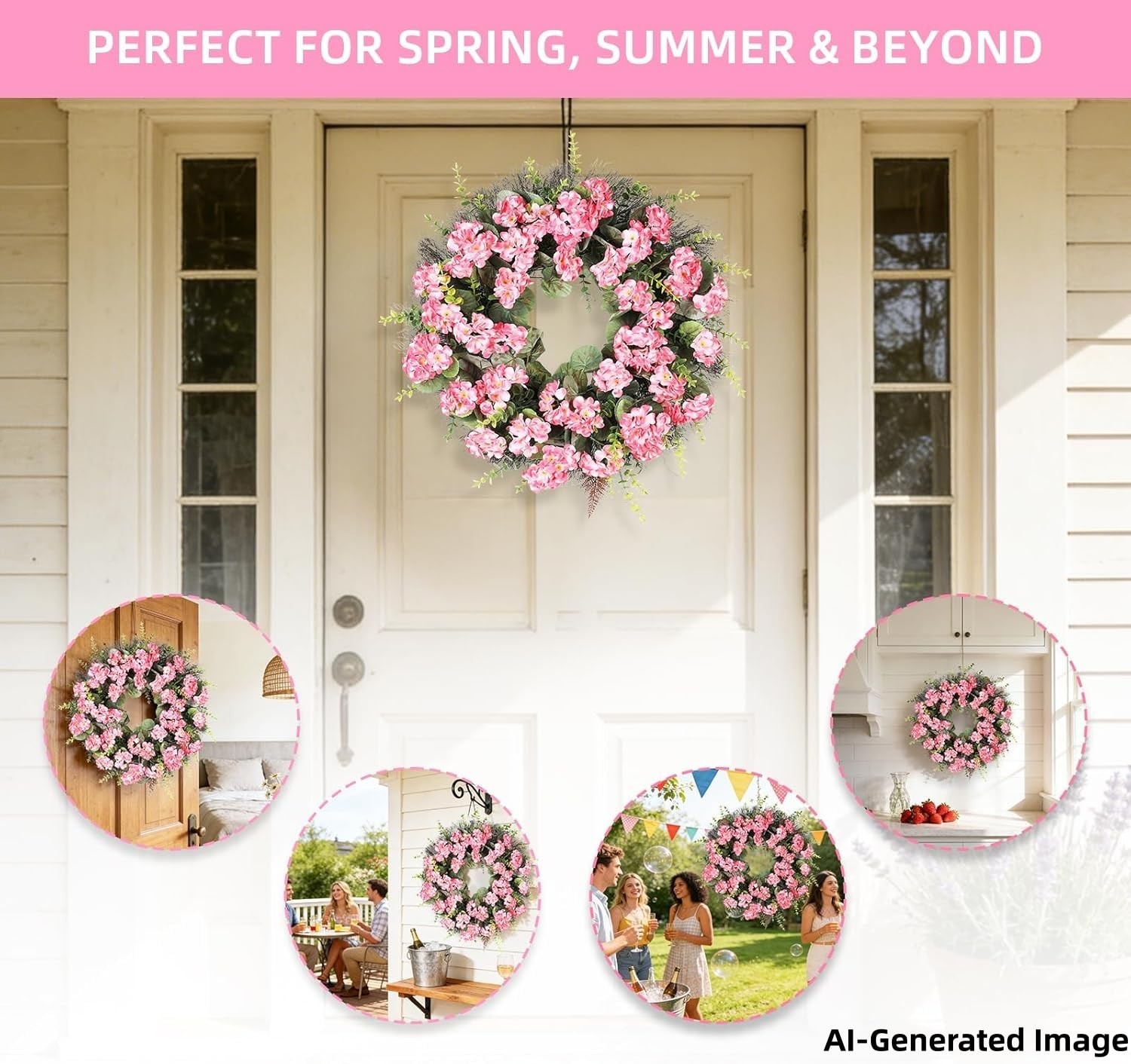 Kuimen Pink Artificial Geranium Wreath 22 Inch Spring Summer Wreaths For Front