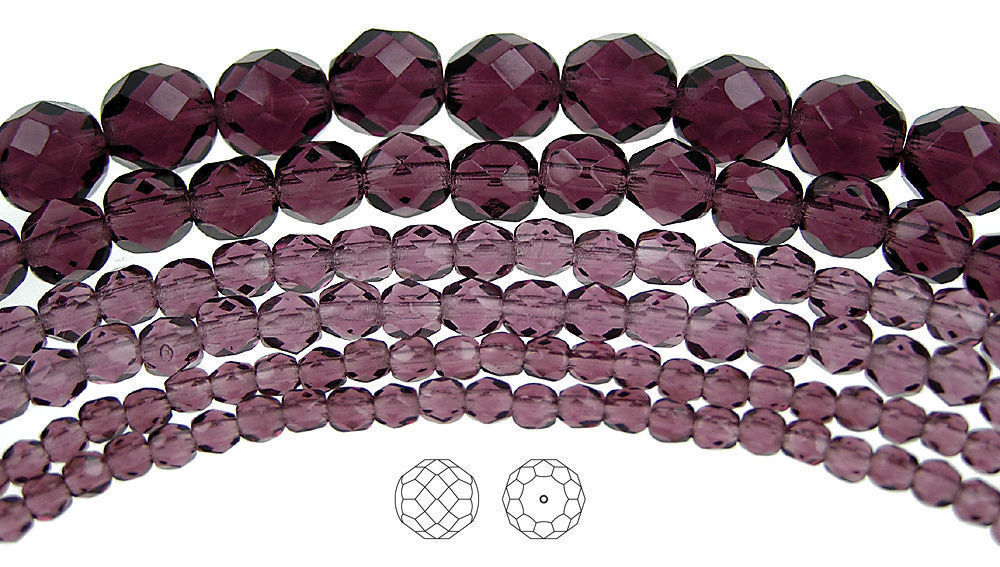 Czech Fire Polished Round Faceted Beads in Amethyst color 16” strand, purple