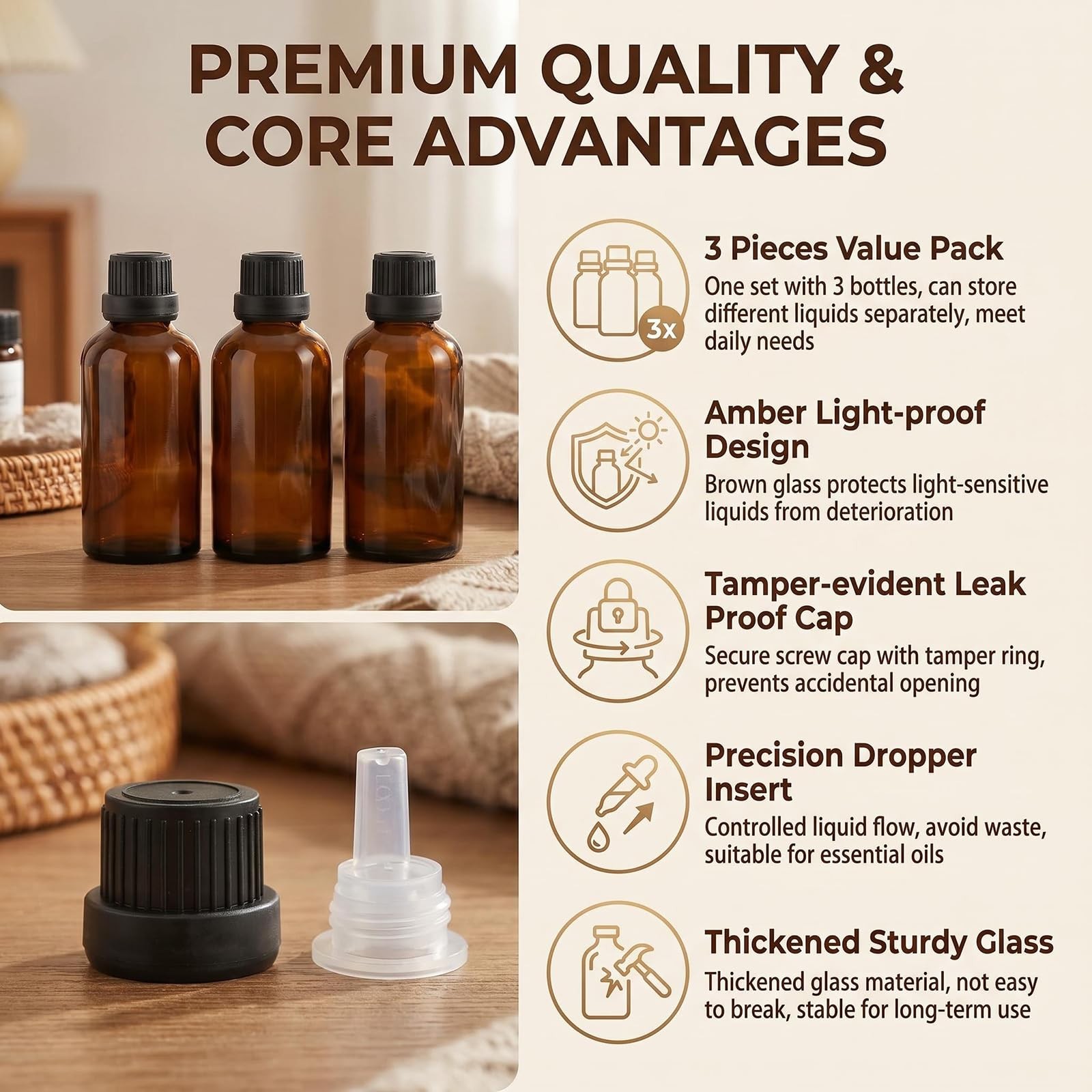 3PCS 100ML Empty Amber Glass Essential Oil Bottles 100ml/3.4 Ounce, amber