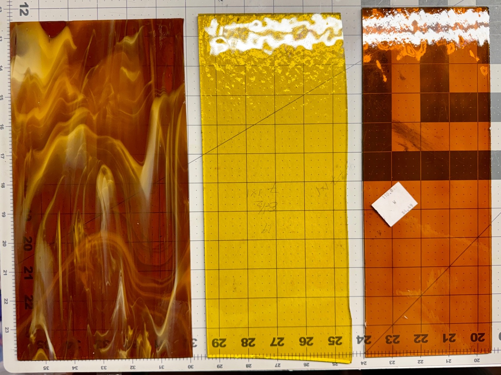 Stained Glass~Transparent Dk Amber Streaky~Med Amber Textured~Dk Amber Cathedral