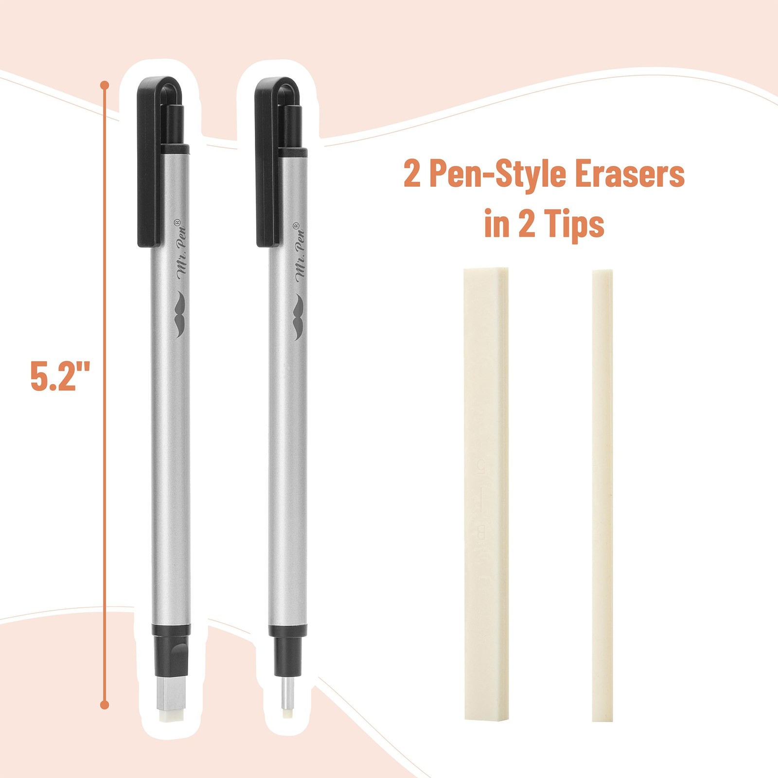 Mr. Pen- Pen Style Eraser, 2 Pack, Square & Round Tip, Eraser Silver