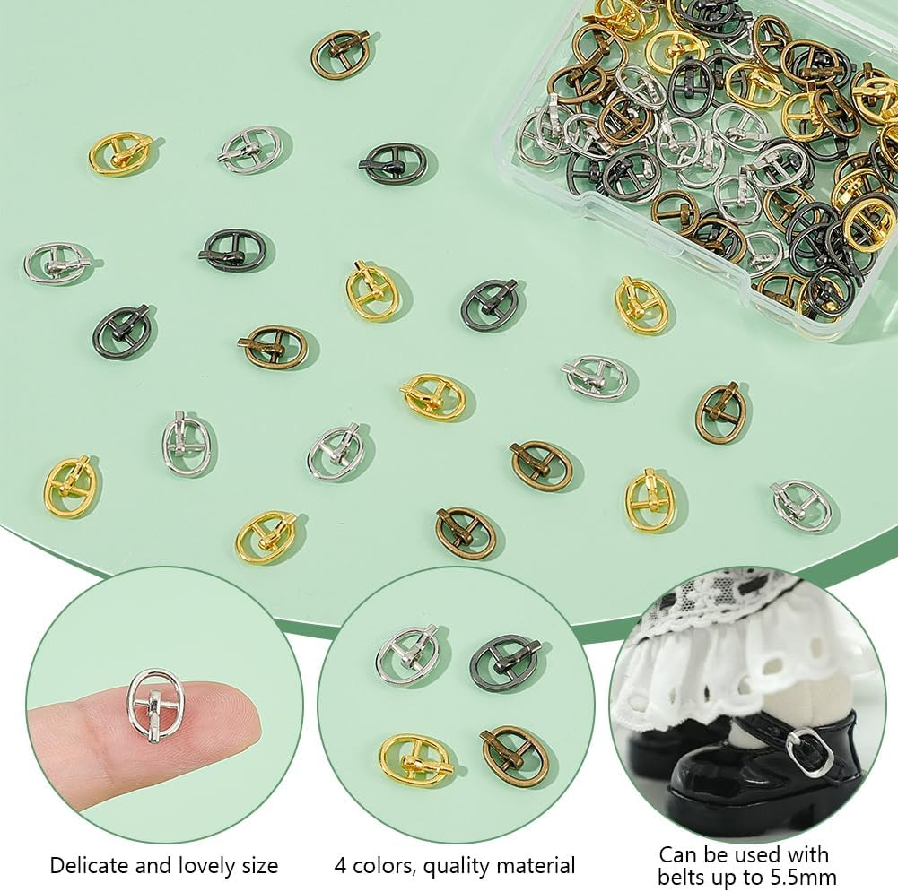 80 PCS Tiny Oval Alloy Buckle for Doll Making 0.4X0.31Inch 4 Color Mini Metal Ro