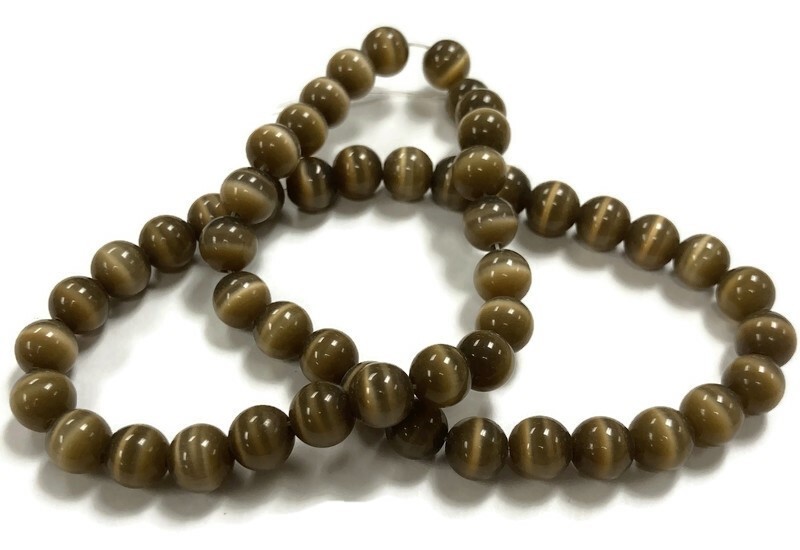 50 Cat’s Eye Fiber Optic Glass Coffee 8mm. Smooth Round Beads 2567