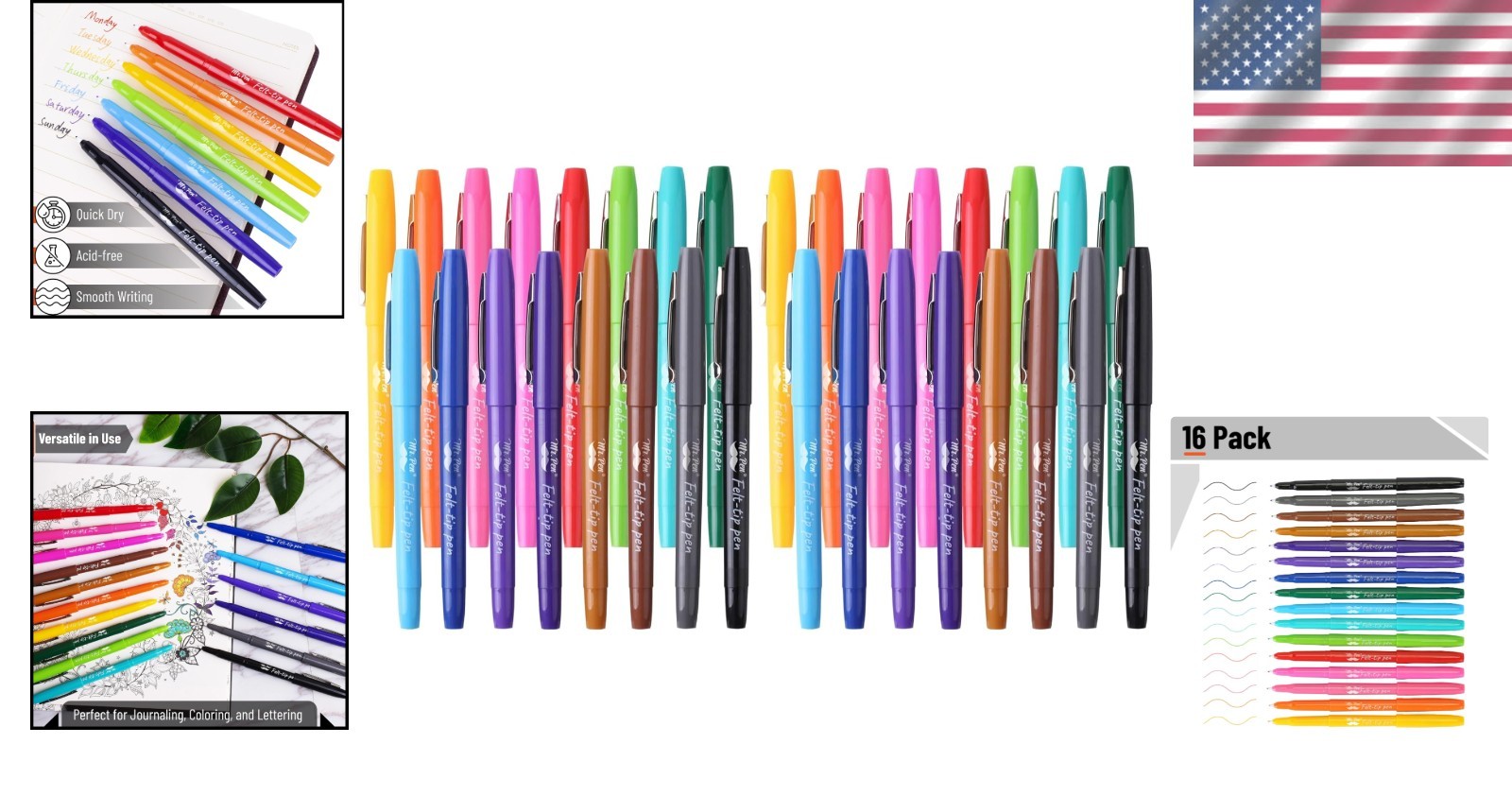 16-Pack High Pigment Felt Tip Pens, Assorted Colors