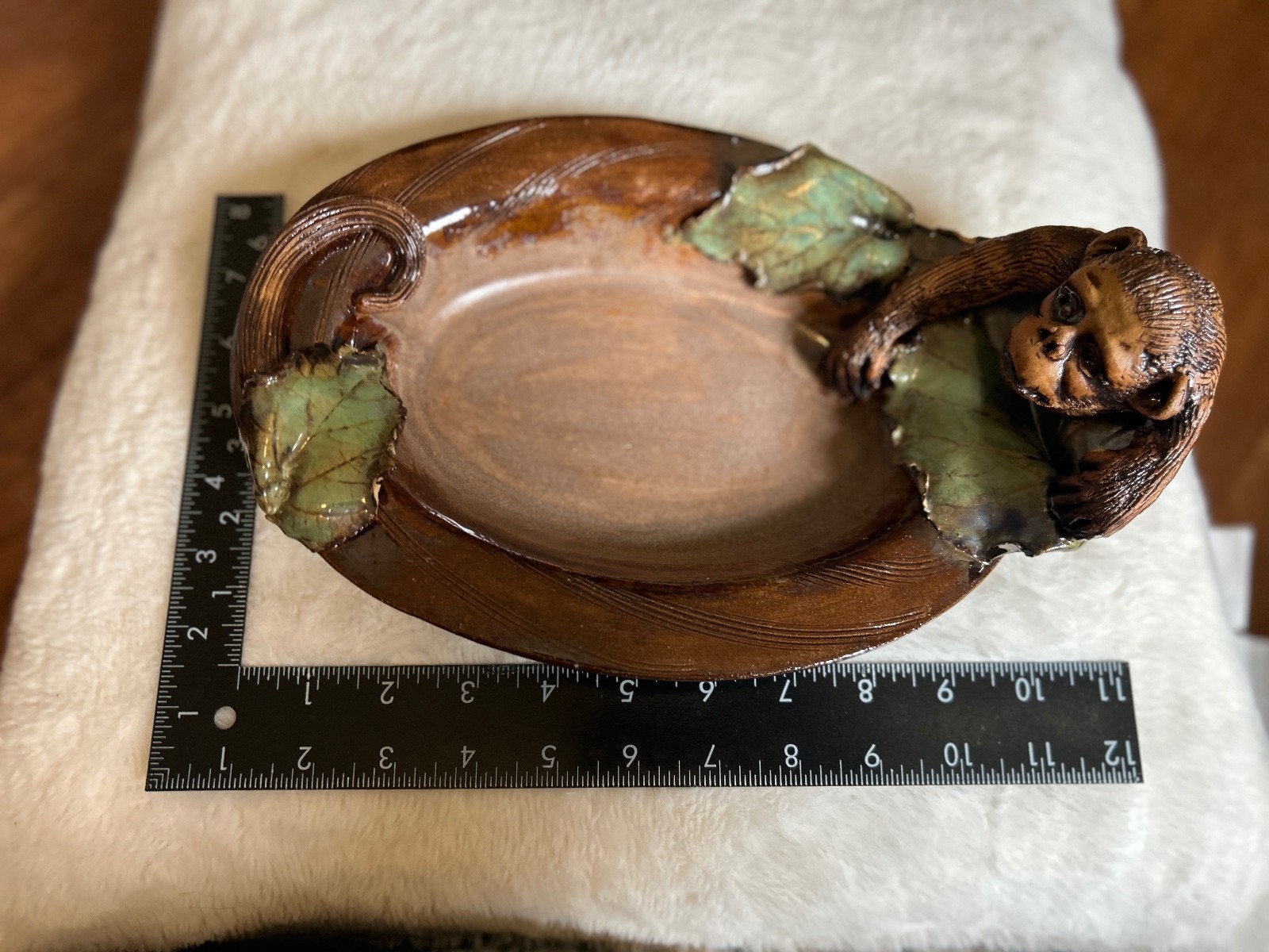 Fired Fantasies Ceramic Monkey Dish with Leaf Accents